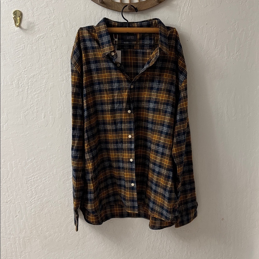 JACHS Yellow Orange Navy Windowpane Plaid Flannel Long Sleeve Button 2XL - Picture 2 of 4